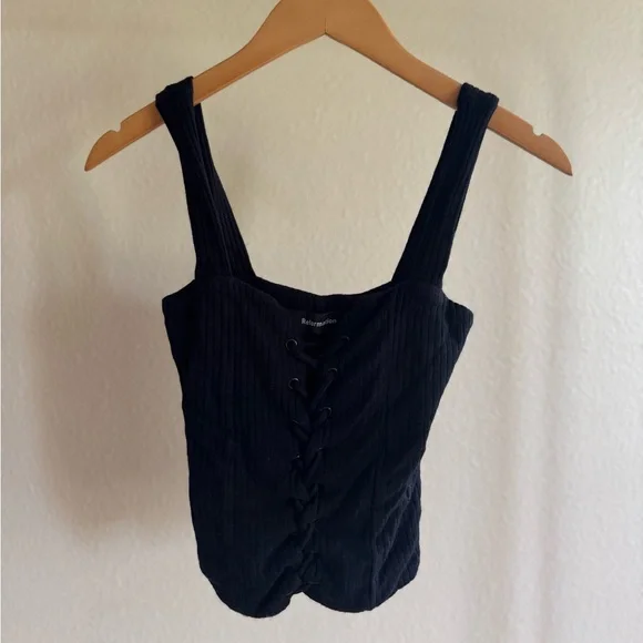 Reformation black ribbed sawyer lace up top size XS - Picture 3 of 7